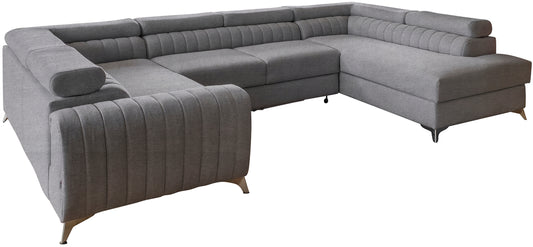 Narożnik Louis w kolorze Poco 04 szary w układzie prawym, elegancka sofa modułowa z wysokimi metalowymi nogami, widok frontalny na białym tle.