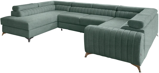 Narożnik Louis w kolorze Poco 100 jasnozielony w układzie lewym, elegancka sofa modułowa z wysokimi metalowymi nogami, widok frontalny na białym tle.