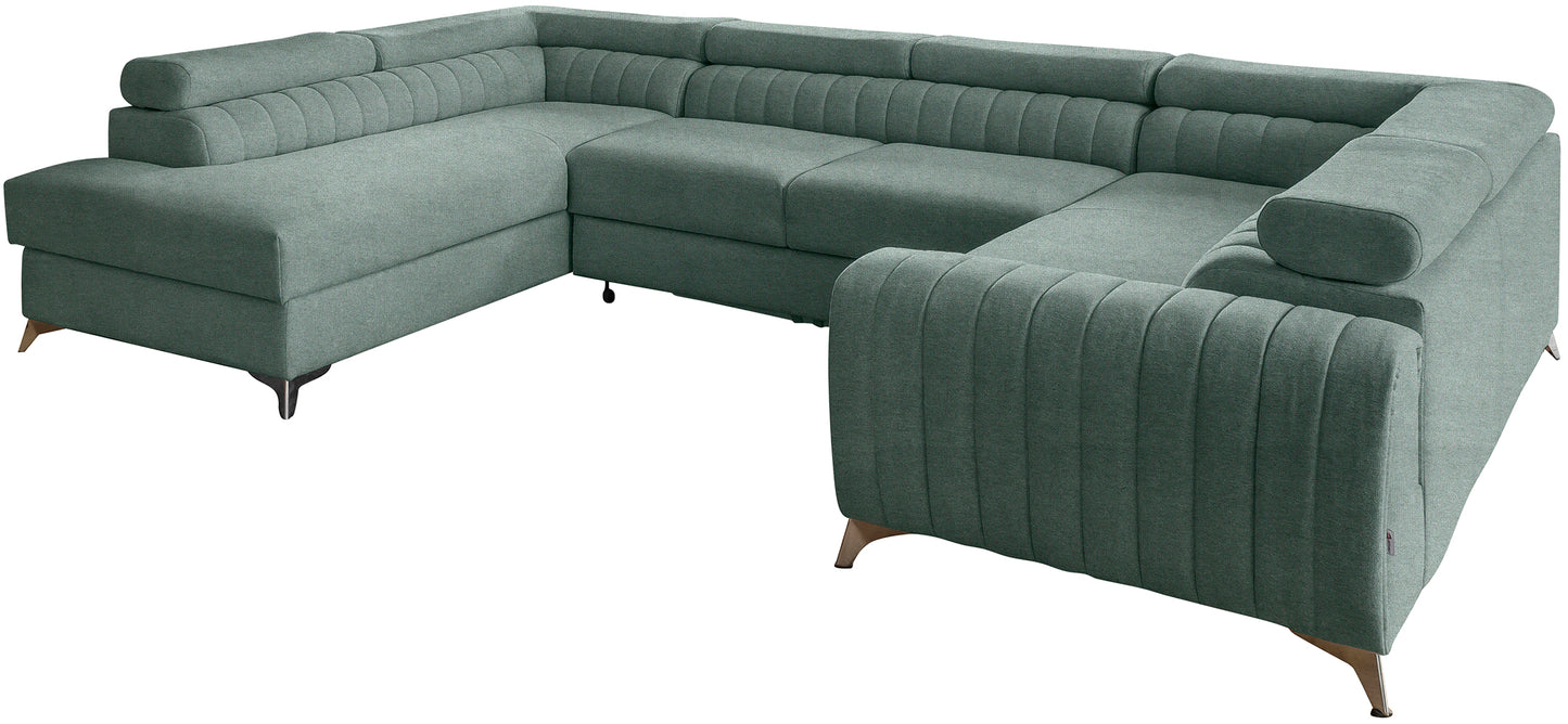 Narożnik Louis w kolorze Poco 100 jasny morski w układzie lewym, elegancka sofa modułowa z wysokimi metalowymi nogami, widok frontalny na białym tle.