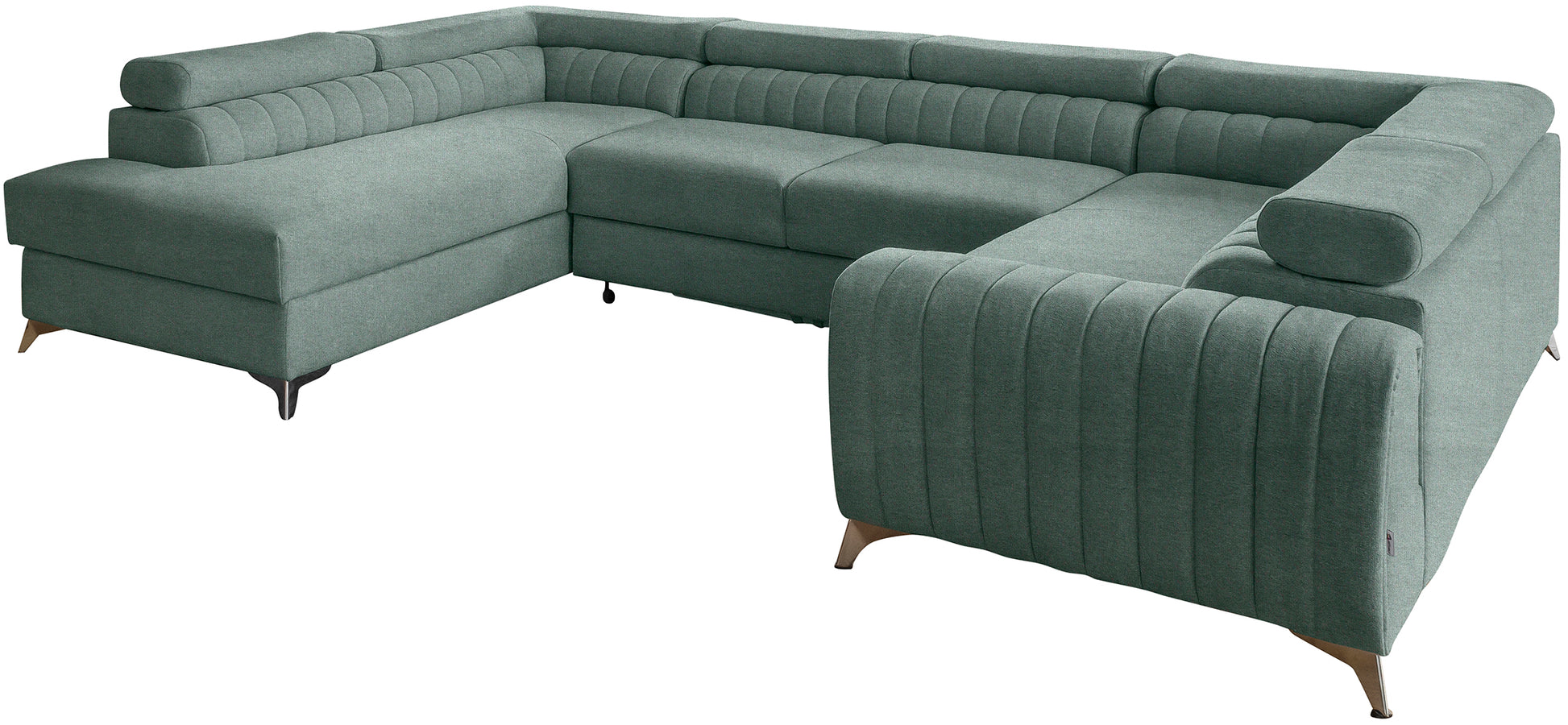 Narożnik Louis w kolorze Poco 100 jasny morski w układzie lewym, elegancka sofa modułowa z wysokimi metalowymi nogami, widok frontalny na białym tle.