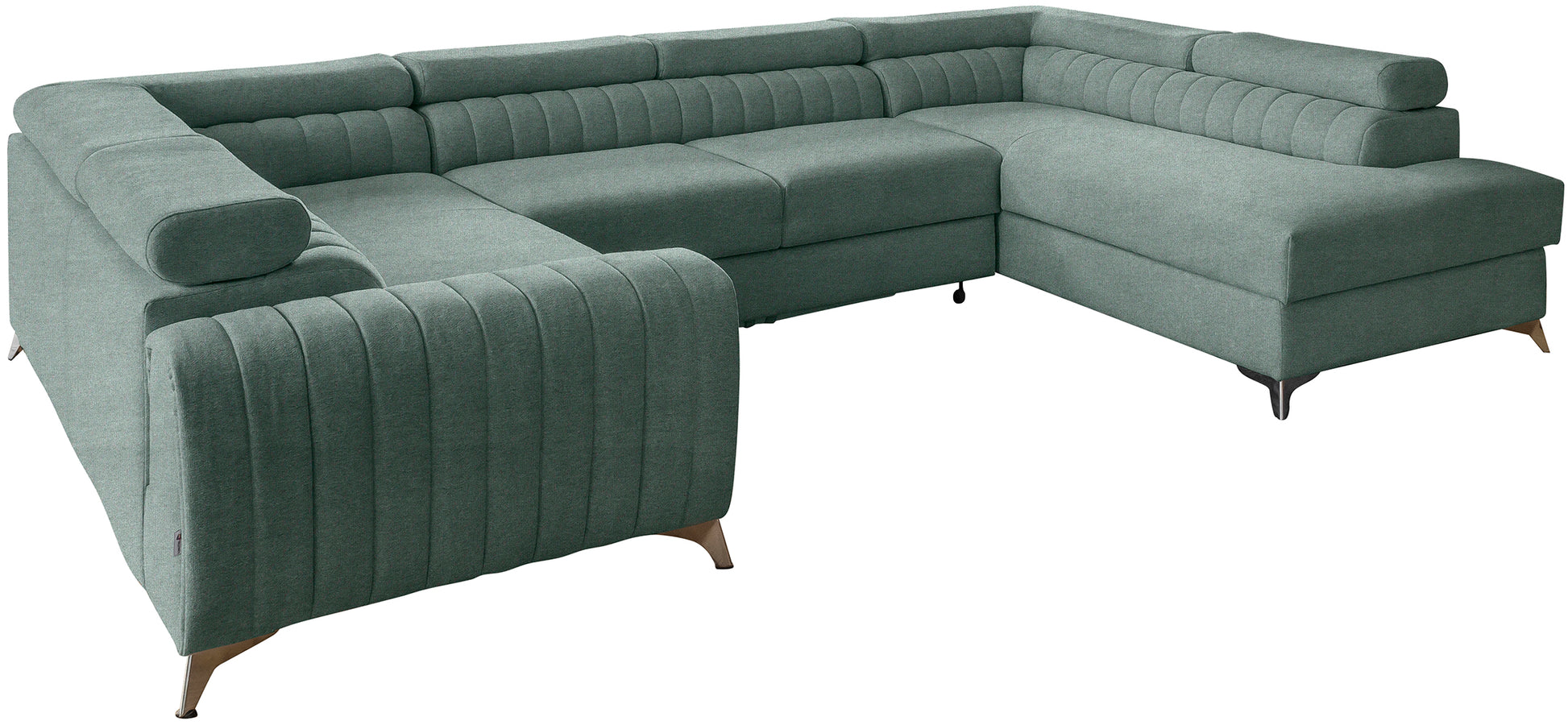 Narożnik Louis w kolorze Poco 100 jasny morski w układzie prawym, elegancka sofa modułowa z wysokimi metalowymi nogami, widok frontalny na białym tle.