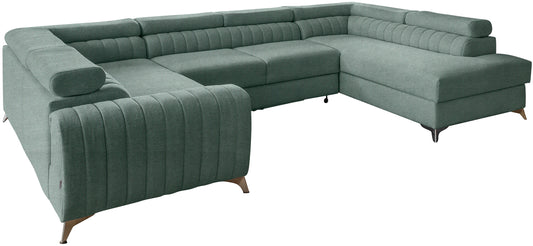 Narożnik Louis w kolorze Poco 100 jasny morski w układzie prawym, elegancka sofa modułowa z wysokimi metalowymi nogami, widok frontalny na białym tle.