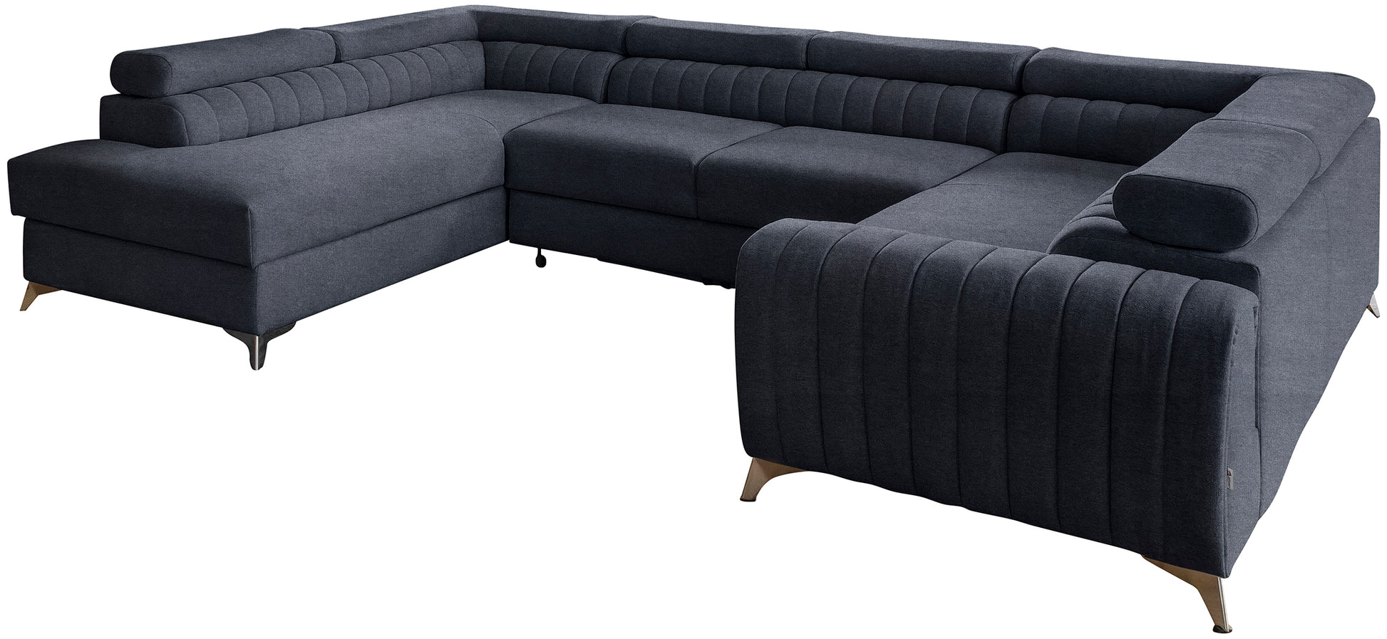 Narożnik Louis w kolorze Poco 40 zgaszony granatowy w układzie lewym, elegancka sofa modułowa z wysokimi metalowymi nogami, widok frontalny na białym tle.