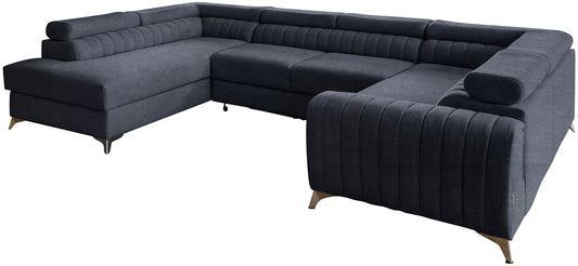 Narożnik Louis w kolorze Poco 40 zgaszony granatowy w układzie lewym, elegancka sofa modułowa z wysokimi metalowymi nogami, widok frontalny na białym tle.