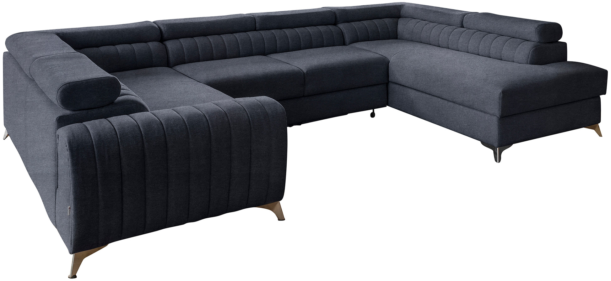 Narożnik Louis w kolorze Poco 40 zgaszony granatowy w układzie prawym, elegancka sofa modułowa z wysokimi metalowymi nogami, widok frontalny na białym tle.