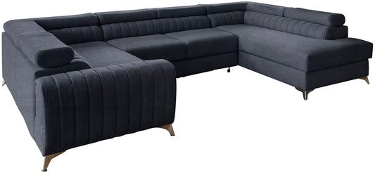 Narożnik Louis w kolorze Poco 40 zgaszony granatowy w układzie prawym, elegancka sofa modułowa z wysokimi metalowymi nogami, widok frontalny na białym tle.