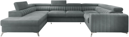 Narożnik Louis w kolorze Rekta 100 jasnoniebieski w układzie lewym, elegancka sofa modułowa z wysokimi metalowymi nogami, widok frontalny na białym tle.