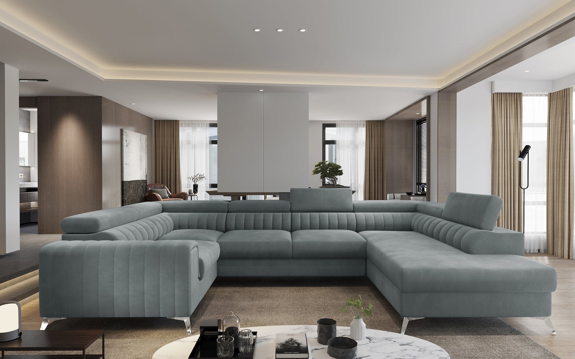 Przestronny salon z narożnikiem Louis w kolorze Rekta 100 jasnoniebieski w układzie prawym.