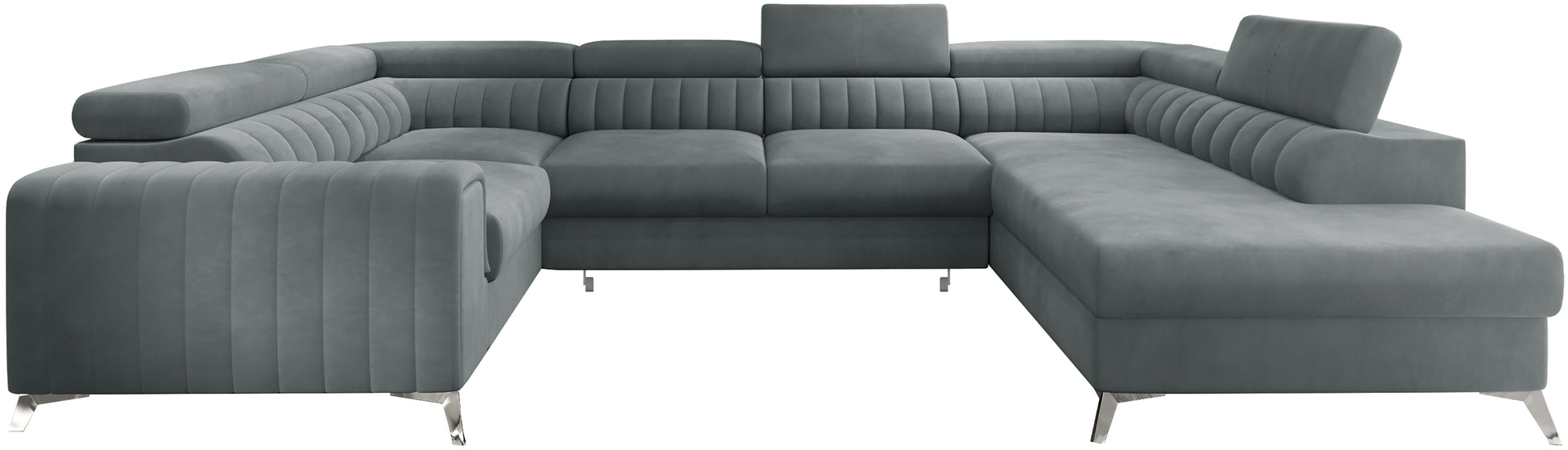 Narożnik Louis w kolorze Rekta 100 jasnoniebieski w układzie prawym, elegancka sofa modułowa z wysokimi metalowymi nogami, widok frontalny na białym tle.