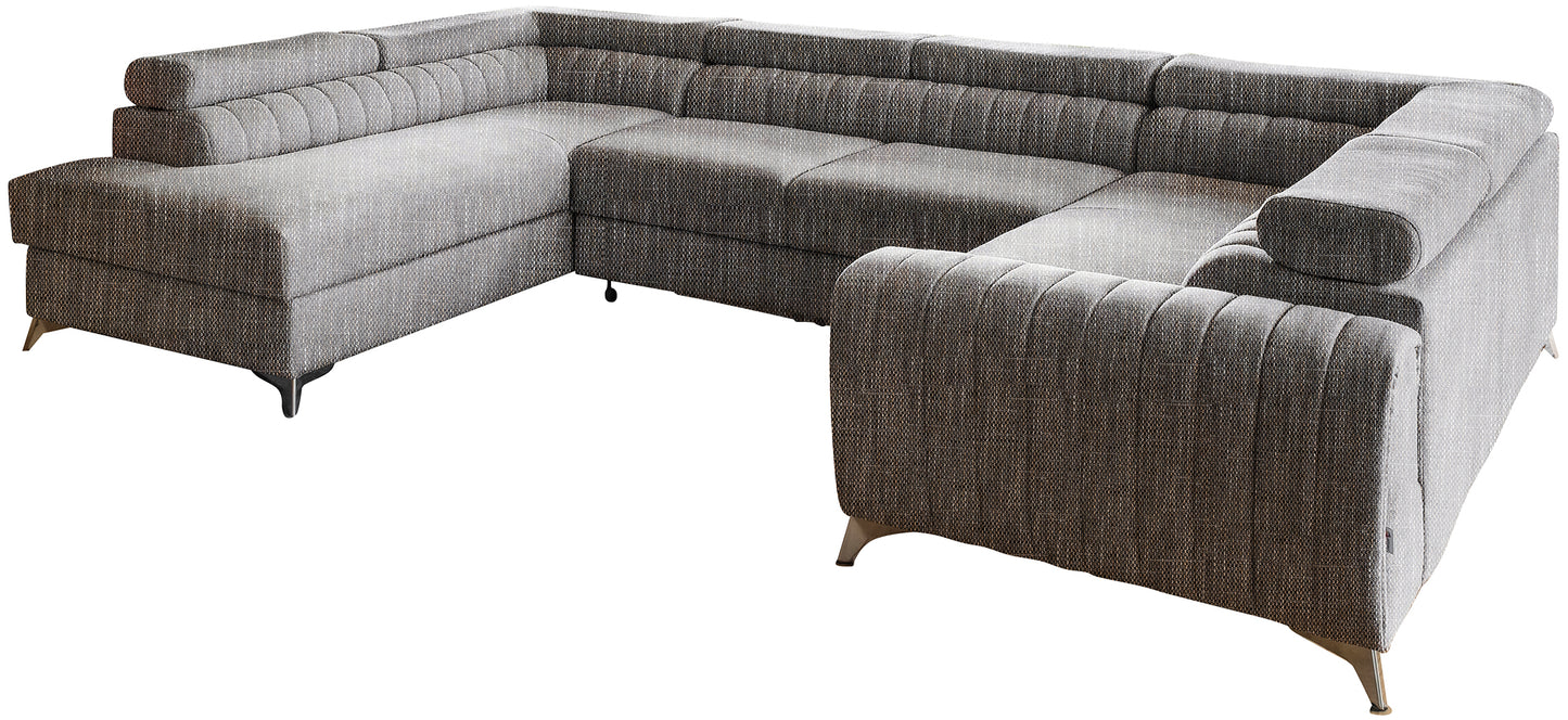 Narożnik Louis w kolorze Marte 130 beżowo-biało-czarny w układzie lewym, elegancka sofa modułowa z wysokimi metalowymi nogami, widok frontalny na białym tle.