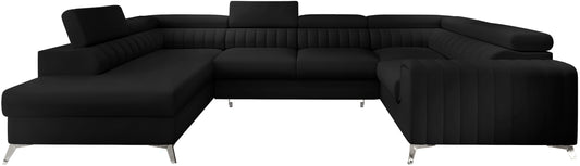 Narożnik Louis w kolorze Softis 11 czarny w układzie lewym, elegancka sofa modułowa z wysokimi metalowymi nogami, widok frontalny na białym tle.