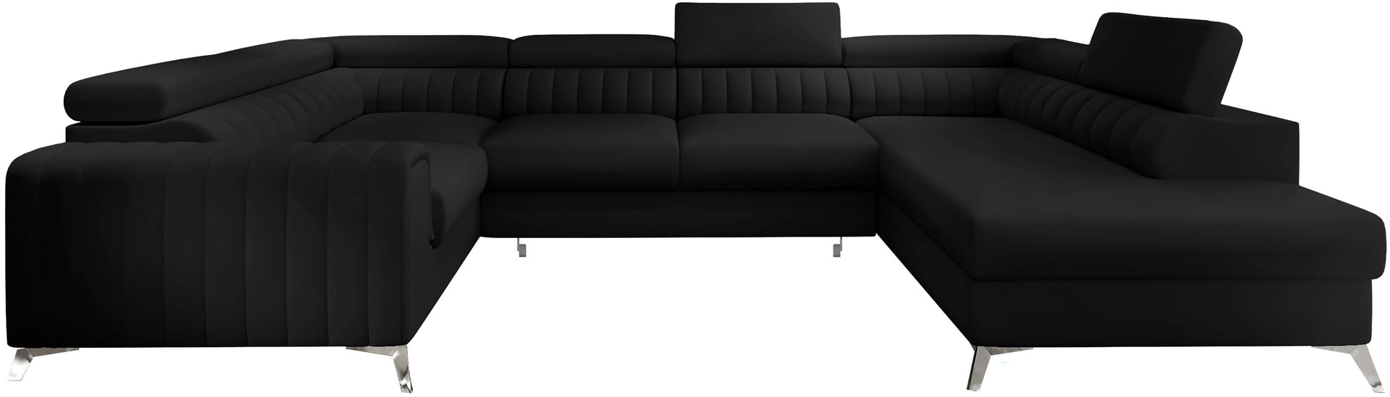 Narożnik Louis w kolorze Softis 11 czarny w układzie prawym, elegancka sofa modułowa z wysokimi metalowymi nogami, widok frontalny na białym tle.