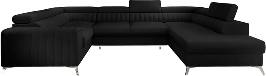 Narożnik Louis w kolorze Softis 11 czarny w układzie prawym, elegancka sofa modułowa z wysokimi metalowymi nogami, widok frontalny na białym tle.