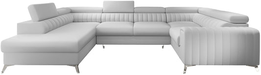 Narożnik Louis w kolorze Softis 17 biały w układzie lewym, elegancka sofa modułowa z wysokimi metalowymi nogami, widok frontalny na białym tle.