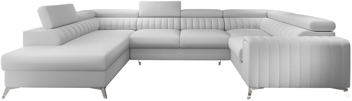 Narożnik Louis w kolorze Softis 17 jasna kremowa biel w układzie lewym, elegancka sofa modułowa z wysokimi metalowymi nogami, widok frontalny na białym tle.