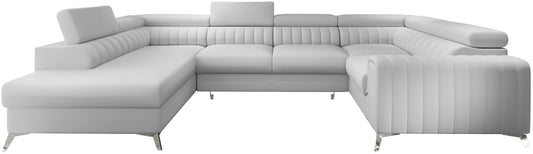 Narożnik Louis w kolorze Softis 17 jasna kremowa biel w układzie lewym, elegancka sofa modułowa z wysokimi metalowymi nogami, widok frontalny na białym tle.