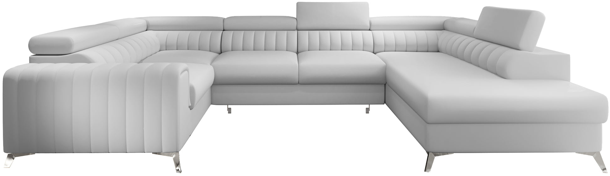 Narożnik Louis w kolorze Softis 17 jasna kremowa biel w układzie prawym, elegancka sofa modułowa z wysokimi metalowymi nogami, widok frontalny na białym tle.