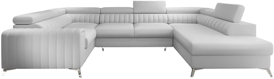 Narożnik Louis w kolorze Softis 17 jasna kremowa biel w układzie prawym, elegancka sofa modułowa z wysokimi metalowymi nogami, widok frontalny na białym tle.