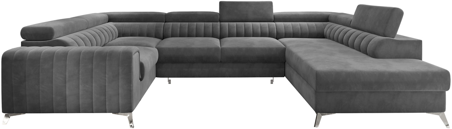 Narożnik Louis w kolorze Sola 05 ciemny szary w układzie prawym, elegancka sofa modułowa z wysokimi metalowymi nogami, widok frontalny na białym tle.
