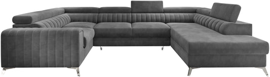 Narożnik Louis w kolorze Sola 05 ciemny szary w układzie prawym, elegancka sofa modułowa z wysokimi metalowymi nogami, widok frontalny na białym tle.