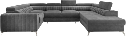 Narożnik Louis w kolorze Sola 05 szary w układzie prawym, elegancka sofa modułowa z wysokimi metalowymi nogami, widok frontalny na białym tle.