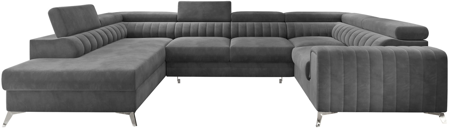 Narożnik Louis w kolorze Sola 06 ciemny szary w układzie lewym, elegancka sofa modułowa z wysokimi metalowymi nogami, widok frontalny na białym tle.