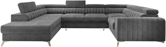 Narożnik Louis w kolorze Sola 06 szary w układzie lewym, elegancka sofa modułowa z wysokimi metalowymi nogami, widok frontalny na białym tle.