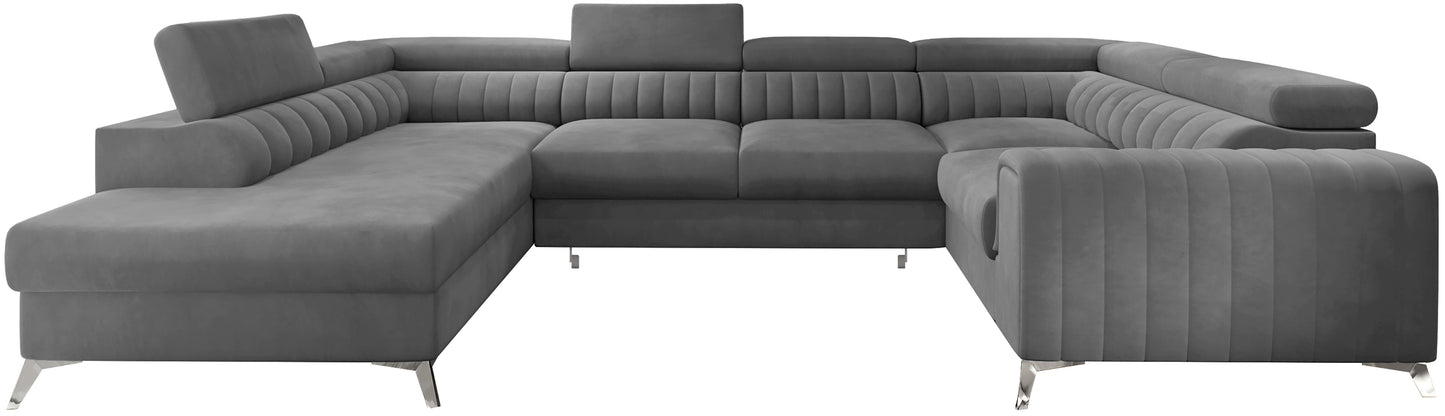 Narożnik Louis w kolorze Velvetmat 04 szary w układzie lewym, elegancka sofa modułowa z wysokimi metalowymi nogami, widok frontalny na białym tle.