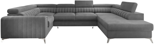 Narożnik Louis w kolorze Velvetmat 04 szary w układzie prawym, elegancka sofa modułowa z wysokimi metalowymi nogami, widok frontalny na białym tle.