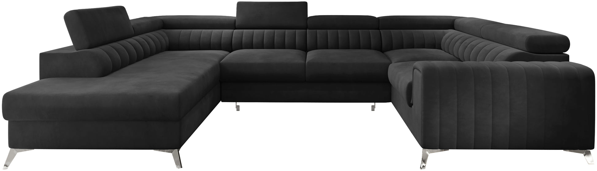 Narożnik Louis w kolorze Velvetmat 06 grafitowy w układzie lewym, elegancka sofa modułowa z wysokimi metalowymi nogami, widok frontalny na białym tle.