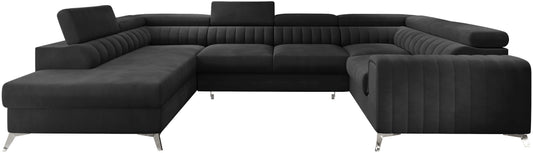 Narożnik Louis w kolorze Velvetmat 06 grafitowy w układzie lewym, elegancka sofa modułowa z wysokimi metalowymi nogami, widok frontalny na białym tle.