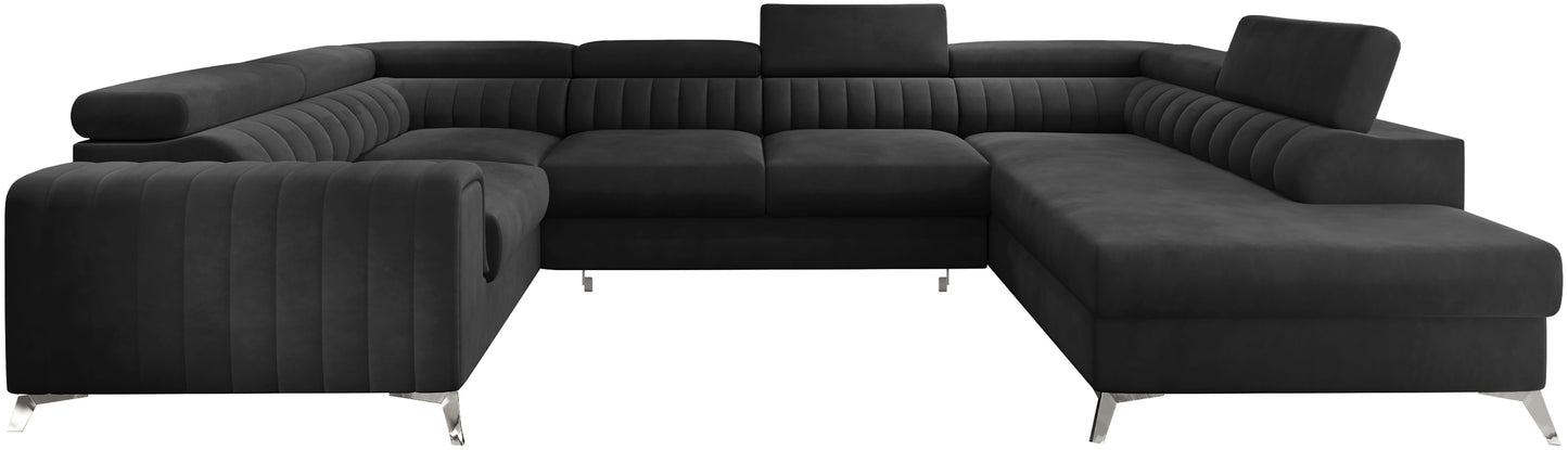 Narożnik Louis w kolorze Velvetmat 06 grafitowy w układzie prawym, elegancka sofa modułowa z wysokimi metalowymi nogami, widok frontalny na białym tle.