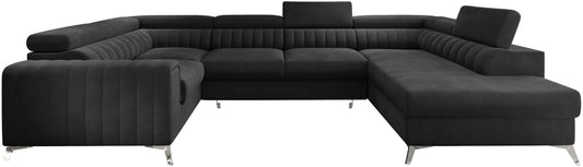 Narożnik Louis w kolorze Velvetmat 06 grafitowy w układzie prawym, elegancka sofa modułowa z wysokimi metalowymi nogami, widok frontalny na białym tle.
