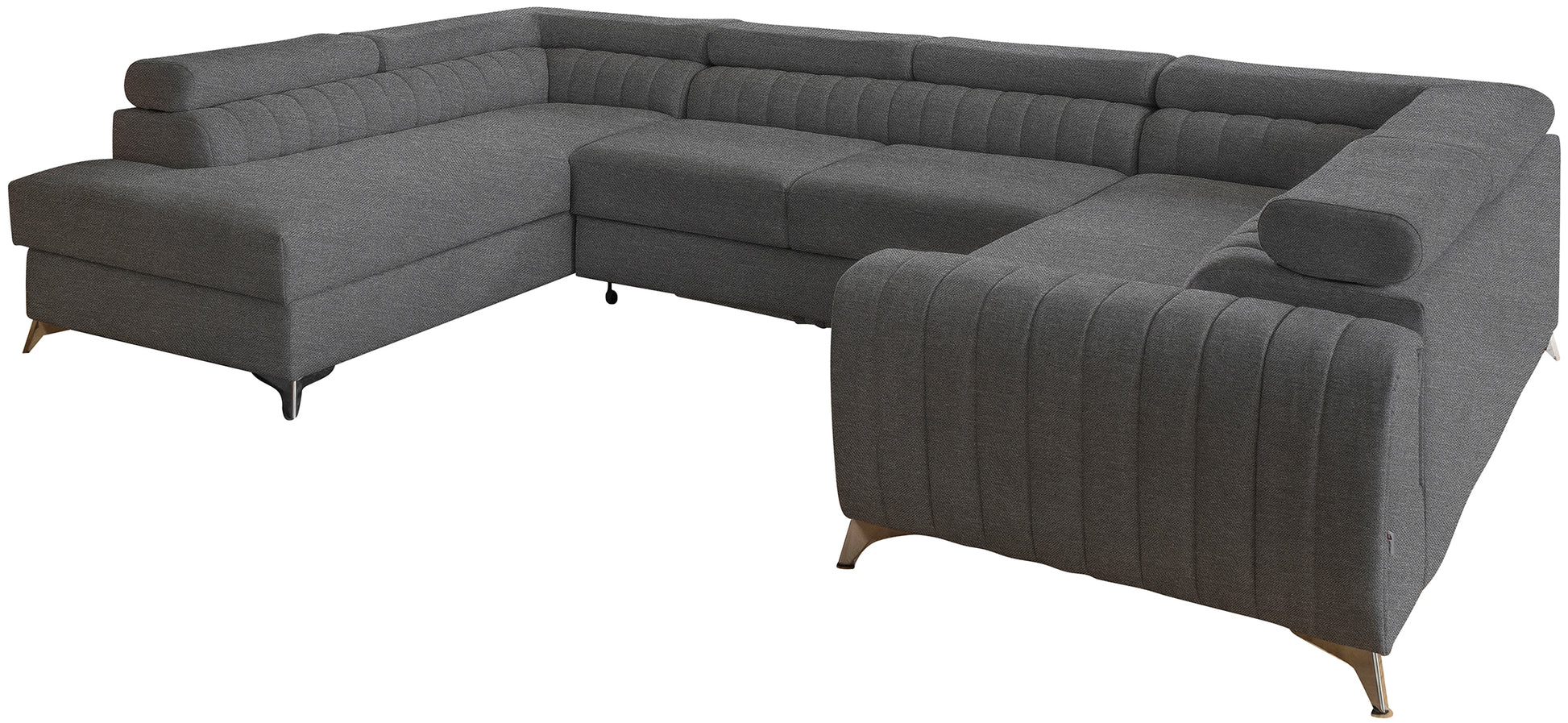Narożnik Louis w kolorze Vero 04 szaro-srebrny w układzie lewym, elegancka sofa modułowa z wysokimi metalowymi nogami, widok frontalny na białym tle.