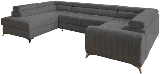 Narożnik Louis w kolorze Vero 04 szaro-srebrny w układzie lewym, elegancka sofa modułowa z wysokimi metalowymi nogami, widok frontalny na białym tle.
