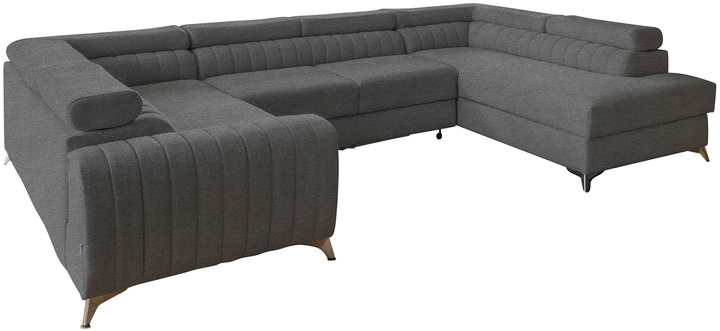 Narożnik Louis w kolorze Vero 04 szaro-srebrny w układzie prawym, elegancka sofa modułowa z wysokimi metalowymi nogami, widok frontalny na białym tle.