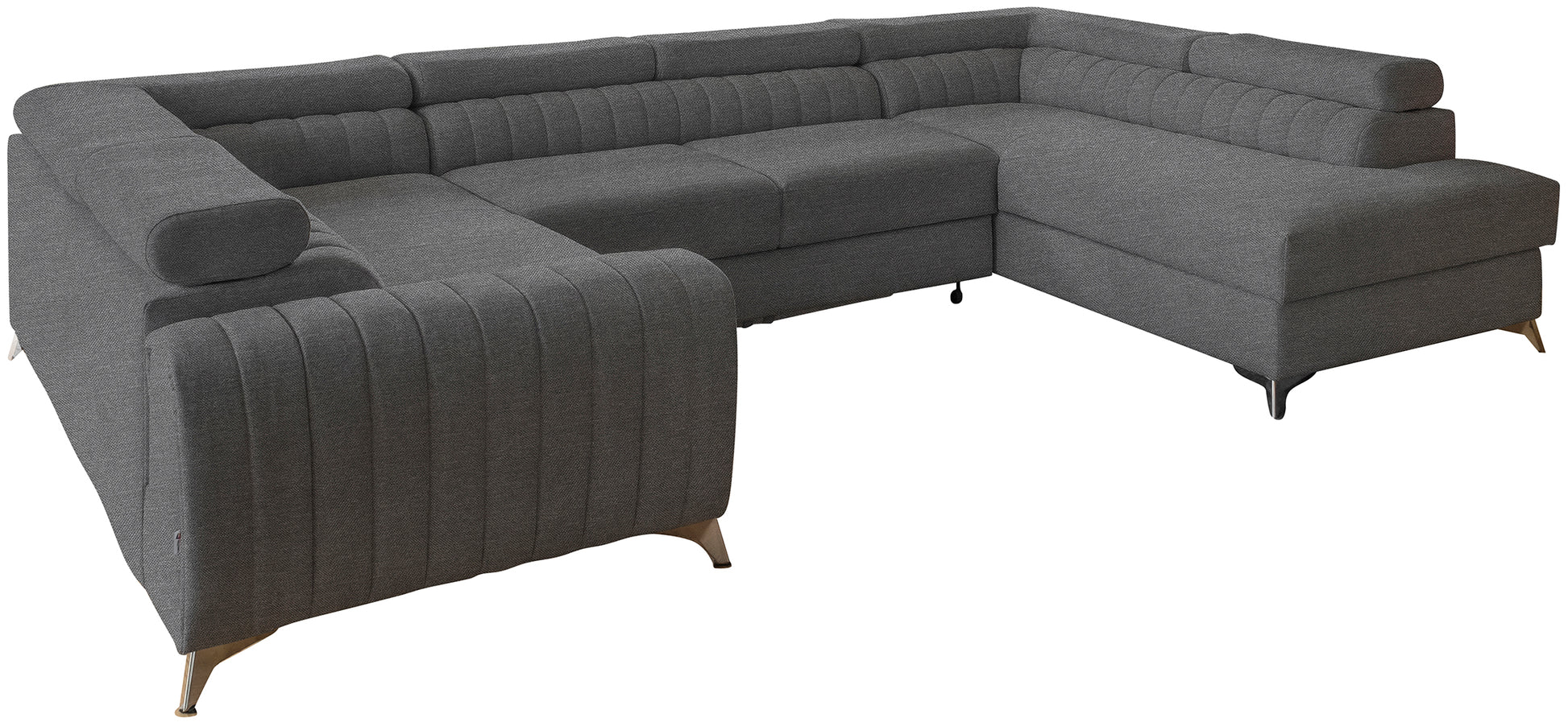 Narożnik Louis w kolorze Vero 04 szaro-srebrny w układzie prawym, elegancka sofa modułowa z wysokimi metalowymi nogami, widok frontalny na białym tle.