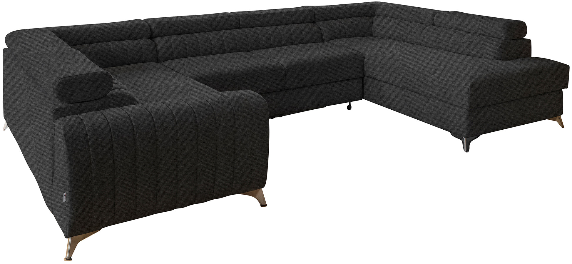 Narożnik Louis w kolorze Vero 05 szaro-czarny w układzie prawym, elegancka sofa modułowa z wysokimi metalowymi nogami, widok frontalny na białym tle.