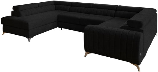 Narożnik Louis w kolorze Vero 10 czarny w układzie lewym, elegancka sofa modułowa z wysokimi metalowymi nogami, widok frontalny na białym tle.