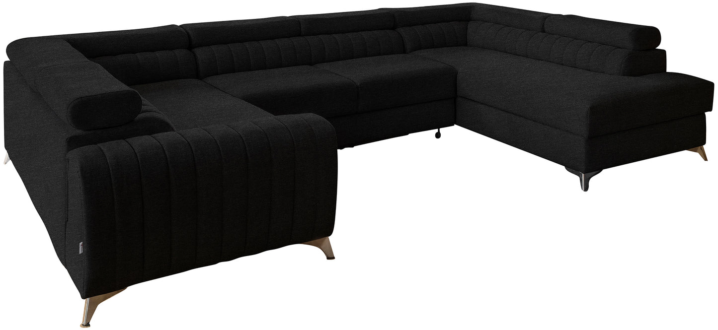 Narożnik Louis w kolorze Vero 10 czarny w układzie prawym, elegancka sofa modułowa z wysokimi metalowymi nogami, widok frontalny na białym tle.