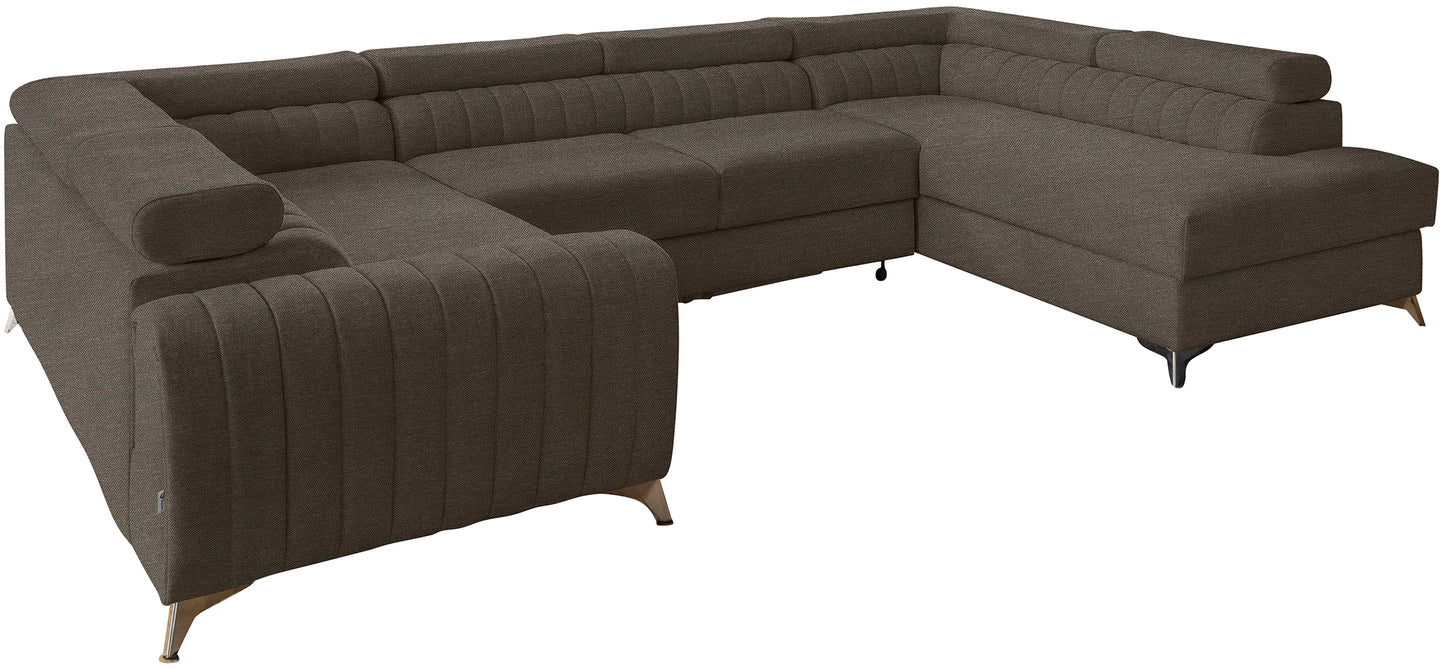 Narożnik Louis w kolorze Vero 18 jasnobrązowy w układzie prawym, elegancka sofa modułowa z wysokimi metalowymi nogami, widok frontalny na białym tle.