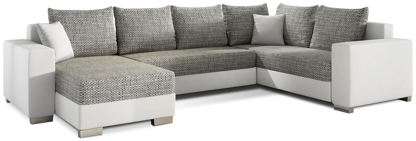 Narożnik Marco w tkaninie Berlin 01 szary z bokami w eko skórze Soft 17 białej, widok całej sofy narożnej na białym tle