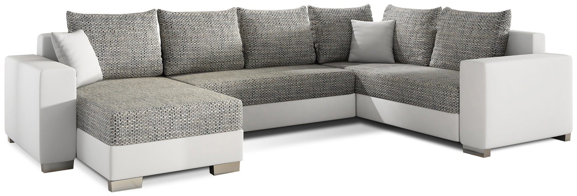 Narożnik Marco w tkaninie Berlin 01 szary z bokami w eko skórze Soft 17 białej, widok całej sofy narożnej na białym tle