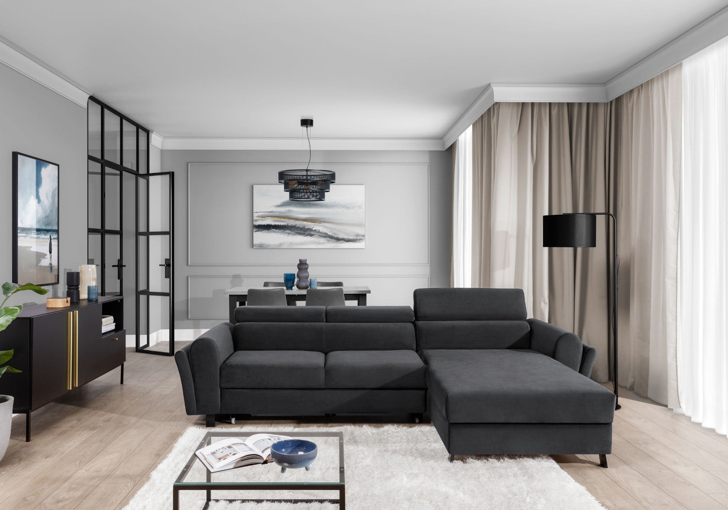 Narożnik Mariall w tkaninie Monolith 97 ciemnoszary prawy, elegancka sofa w kształcie L do nowoczesnego salonu, zapewniająca komfortowy wypoczynek oraz dużą przestrzeń do siedzenia dla domowników i gości