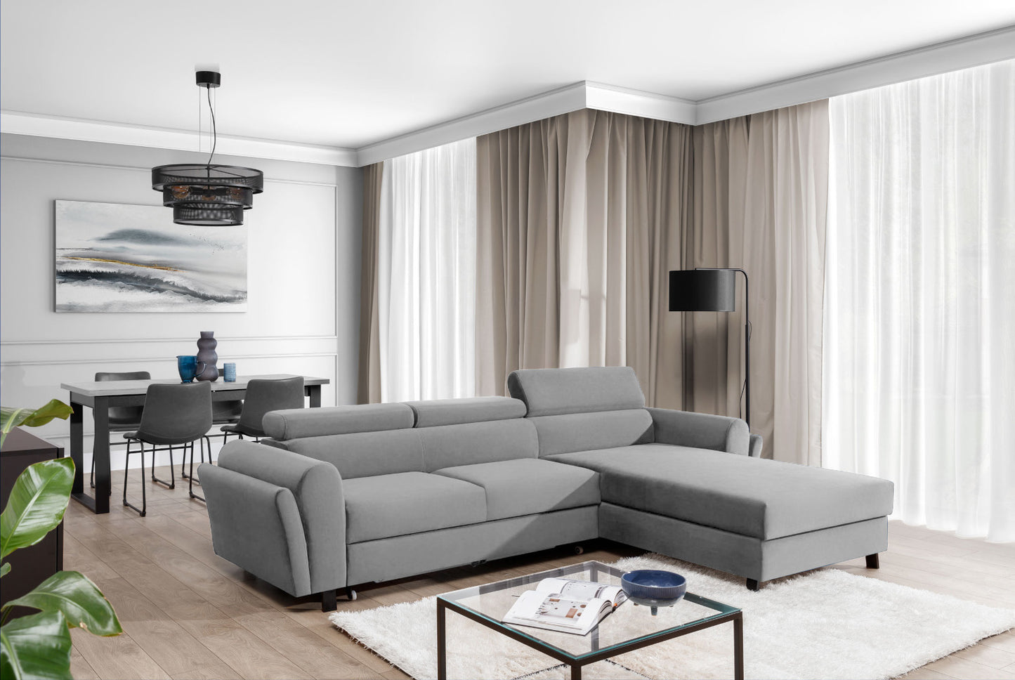 Narożnik Mariall w tkaninie Monolith 84 jasnoszary prawy, elegancka sofa w kształcie L do nowoczesnego salonu, zapewniająca komfortowy wypoczynek oraz dużą przestrzeń do siedzenia dla domowników i gości