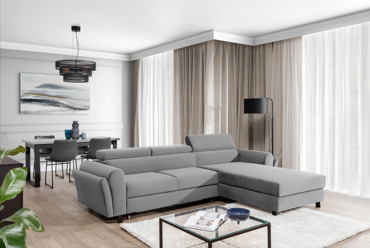 Narożnik Mariall w tkaninie Monolith 84 jasnoszary prawy, elegancka sofa w kształcie L do nowoczesnego salonu, zapewniająca komfortowy wypoczynek oraz dużą przestrzeń do siedzenia dla domowników i gości