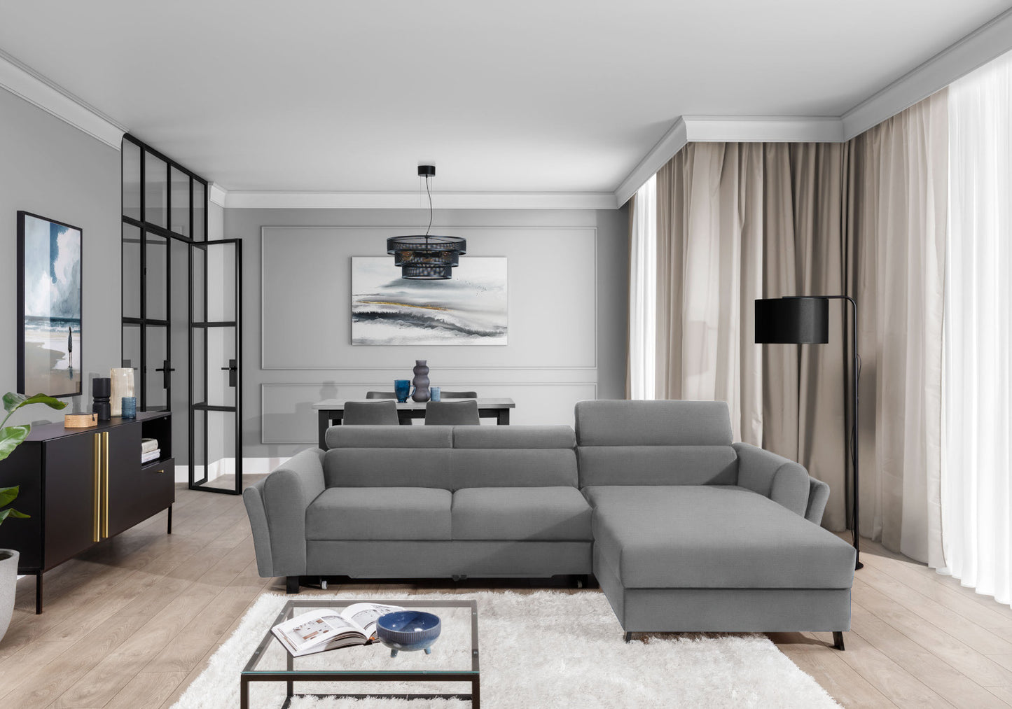 Narożnik Mariall w tkaninie Paros 05 jasnoszary prawy, elegancka sofa w kształcie L do nowoczesnego salonu, zapewniająca komfortowy wypoczynek oraz przestrzeń do wspólnego spędzania czasu