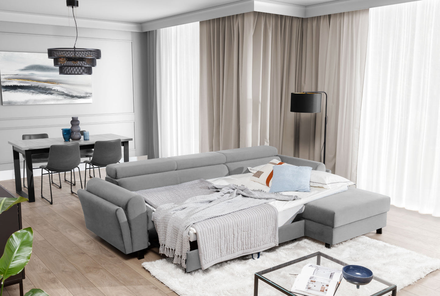 Jasnoszary narożnik Mariall Monolith 84 w wersji prawostronnej z funkcją spania, rozkładana sofa narożna w nowoczesnym salonie, oferująca dużą powierzchnię do snu i wygodne miejsce do codziennego relaksu dla całej rodziny