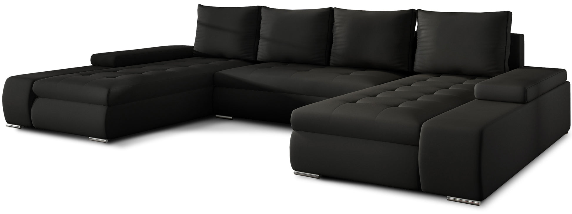 Czarny narożnik Marino uniwersalny w ekoskórze Soft 11 to nowoczesna sofa do salonu o dużej powierzchni wypoczynkowej, idealna dla rodzin ceniących elegancki wygląd i łatwość utrzymania czystości.