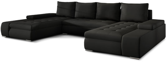 Czarny narożnik Marino uniwersalny w ekoskórze Soft 11 to nowoczesna sofa do salonu o dużej powierzchni wypoczynkowej, idealna dla rodzin ceniących elegancki wygląd i łatwość utrzymania czystości.